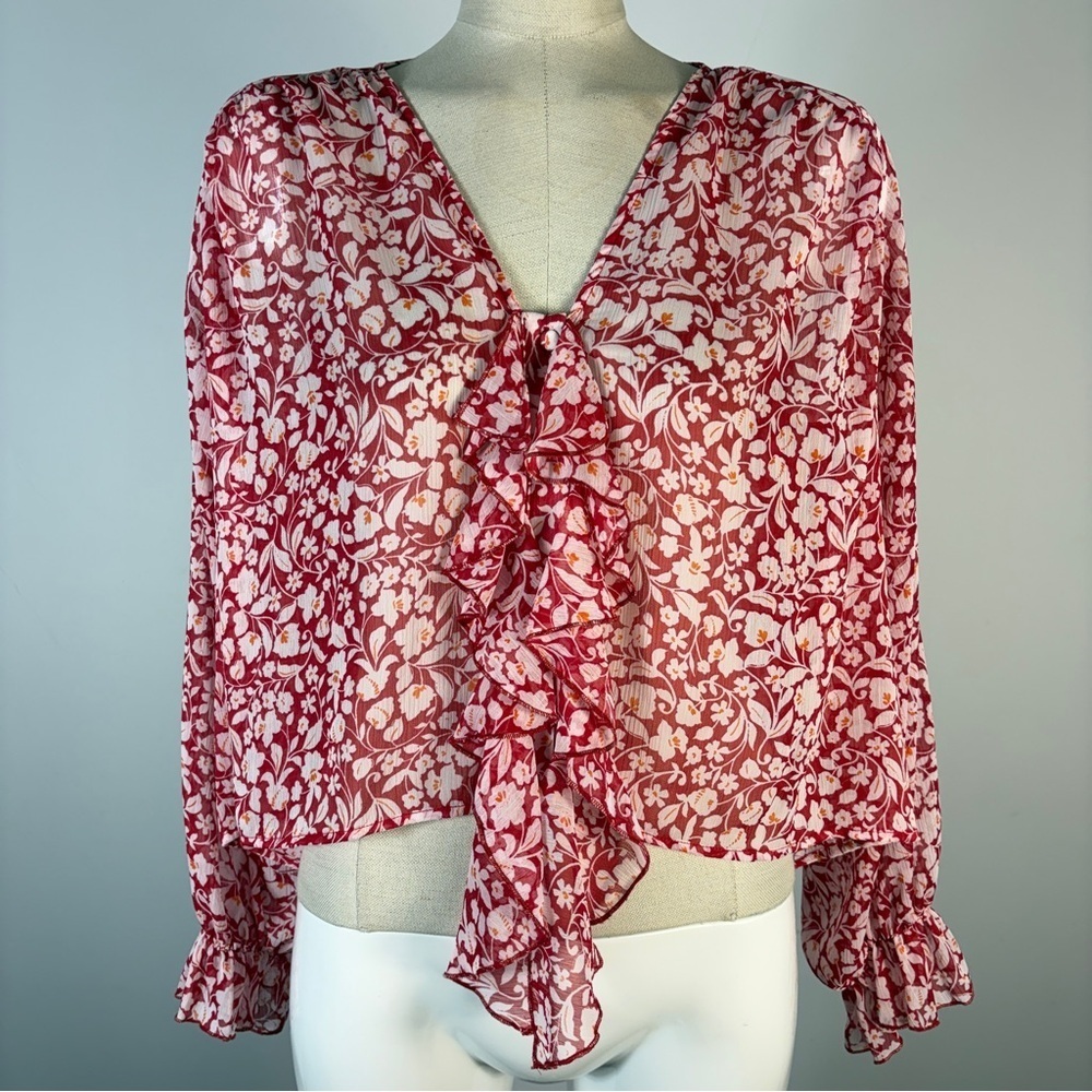 โค๏ธ ZARA Red White Floral Ruffled Print Top V-Neck Sheer Blouse M